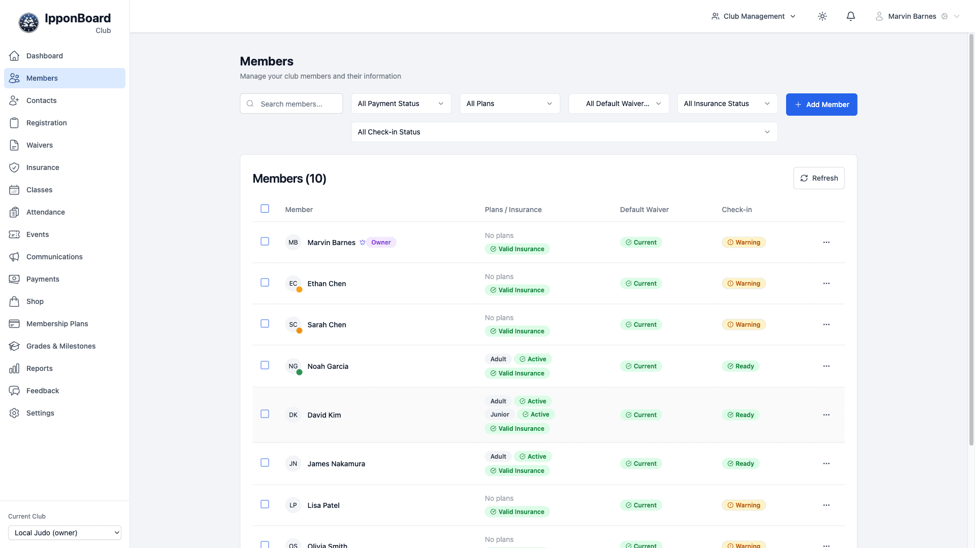 IpponBoard member management dashboard with member profiles, search, and family accounts