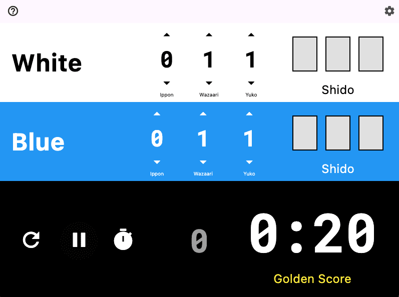 IpponBoard Golden Score mode with active match showing scores and running clock